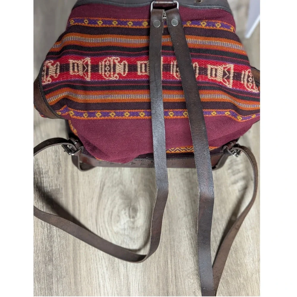 Handcrafted Tooled Leather‎ Bohemian Backpack Aztec Burgundy Brown